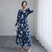 Women's Clothing Blue Long Sleeved Round Neck Dress New Temperament Waist Tie Slim Big Swing Printed Mid Length Skirt_ecoleips.com