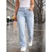 Women's Casual Light Blue Washed Overlap Waist Loose Straight Leg Jeans Denim Pants_ecoleips.com