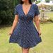 New Women's Floral Print Dress European American Style Cross Border E Commerce Slimming Waist Cinch V Neck Short Sleeve Tie_ecoleips.com