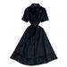 Women's French Style Lace Trimmed Collared Shirt Dress Slimming Belted Waist Summer Long Commuter Friendly Dress_ecoleips.com