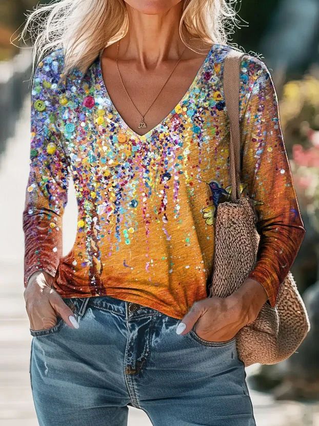 Women's Clothing Casual V Neck Long Sleeve Regular Pullover Digital Printing Women's Tops T Shirt_ecoleips.com