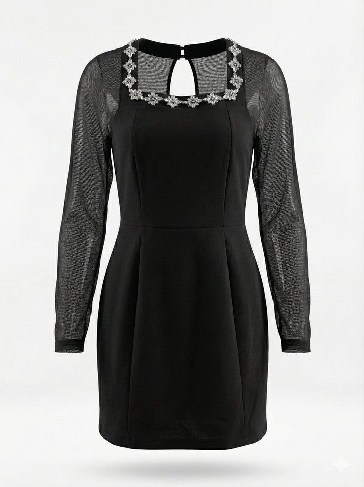 Sheer Mesh & Rhinestone Trim Black Dress – Elegant U-Neck Long Sleeve Mini Dress For Evening_ecoleips.com