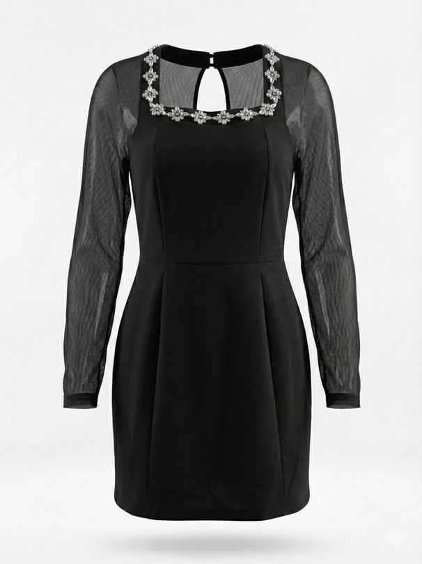 Sheer Mesh & Rhinestone Trim Black Dress – Elegant U-Neck Long Sleeve Mini Dress For Evening_ecoleips.com