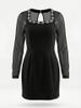 Sheer Mesh & Rhinestone Trim Black Dress – Elegant U-Neck Long Sleeve Mini Dress For Evening_ecoleips.com