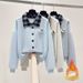 Fleece-Lined Plaid Polo Collar Sweatshirt & Vintage Drawstring Jeans Set - Winter-Ready Academic Style (Blue/Beige/Grey)_ecoleips.com
