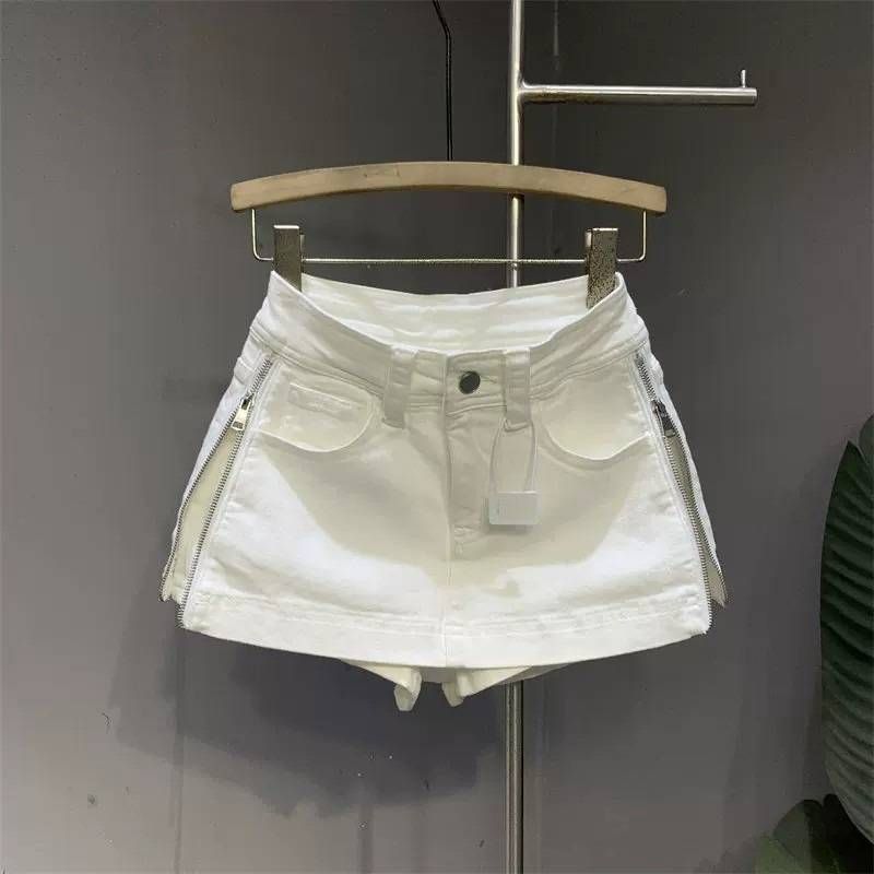 High-Waisted A-Line Denim Skirt White Sexy Bodycon Slimming Side Zipper Versatile Style_ecoleips.com