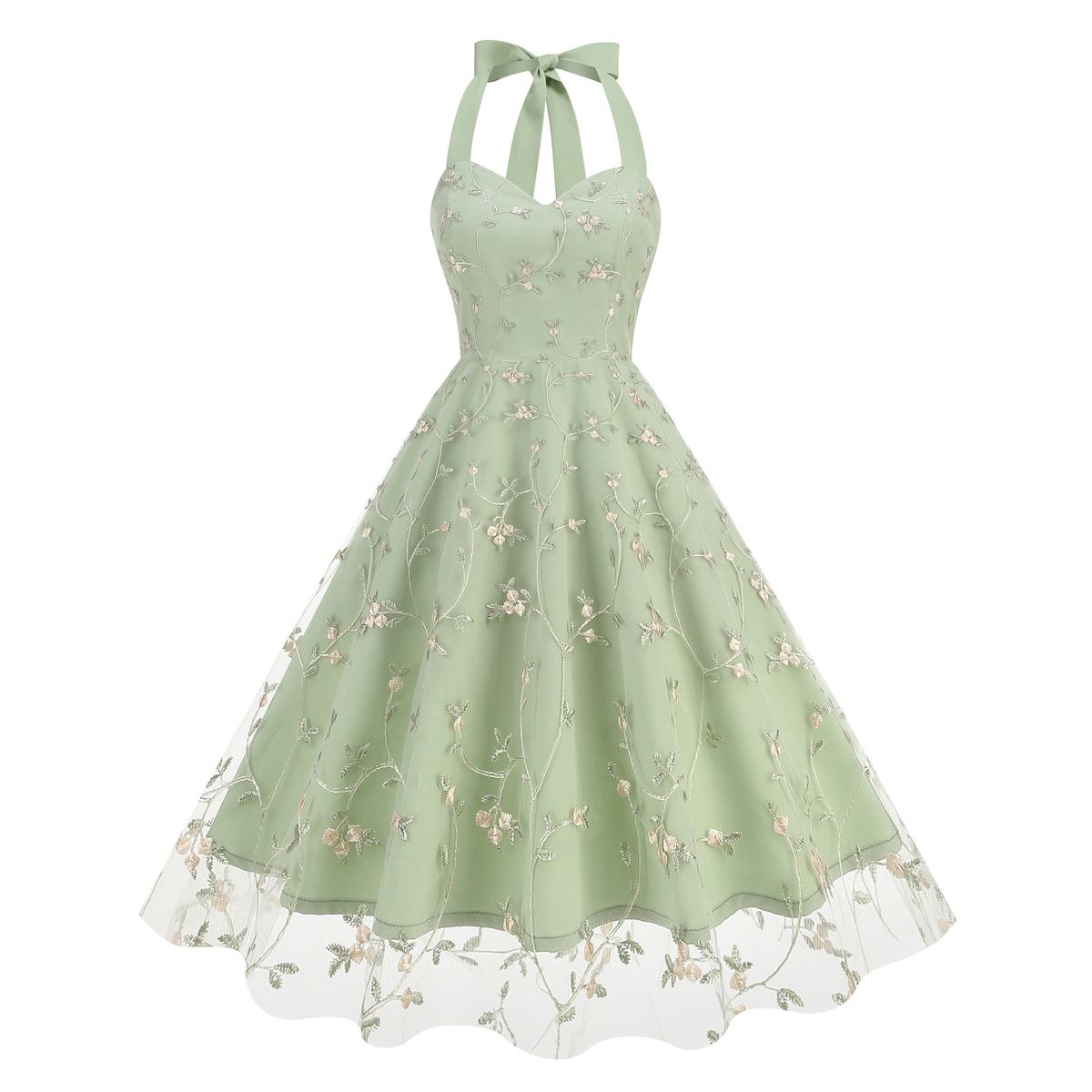 Elegant Fashionable Sleeveless Halter Dress Women's Gown Mesh Embroidery Cross Border E Commerce for Europe And America_ecoleips.com