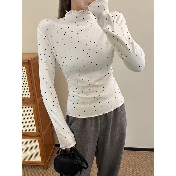Black Polka-Dot Long-Sleeved Base Layer Tee With High Collar, Perfect For Autumn/Winter-Korean-Inspired Design For Women_ecoleips.com