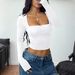 Square Neck Long Sleeve Bodycon Tee Y2K Streetwear Staple Stretchy Rayon Spandex Blend Trendy Cropped Fit Women's Top Black Pink White Khaki_ecoleips.com