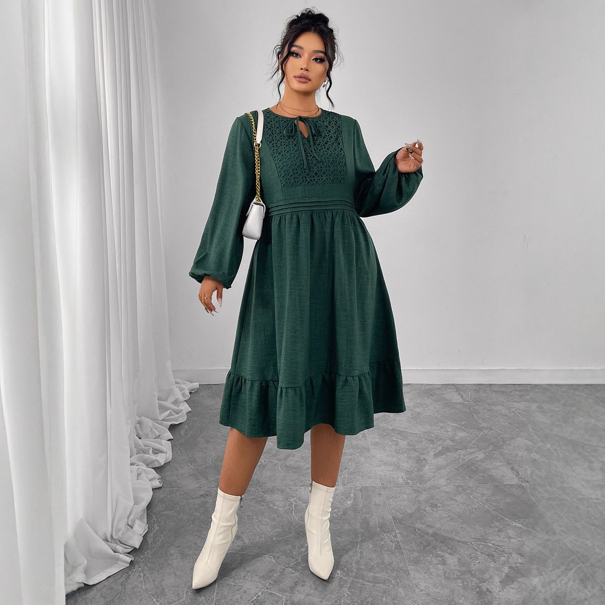 Women's Clothing Plus Size Clothes "Bohemian Patchwork Cotton-Linen Dress – Puff Sleeves & Hollow Out Design, Loose Fit High Waist Maxi Skirt"_ecoleips.com