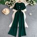 Women's Three-Button V-Neck Puff Sleeve Jumpsuit Summer Slimming Elastic Waist Wide Leg Pants Size Democracy_ecoleips.com