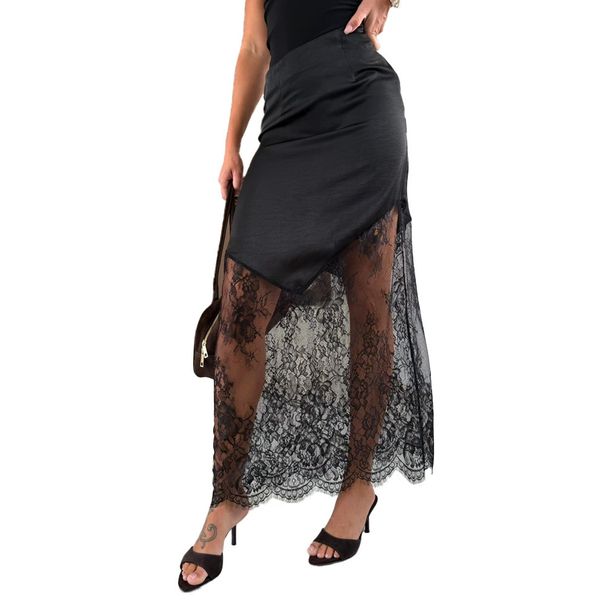 Women's Sexy Lace Panel Solid Color Bodycon Midi Skirt – Slimming Casual Office Gown For Fall Winter 2026_ecoleips.com