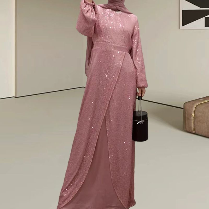 Elegant Women's Sequined Maxi Dress Autumn Dubai Style Round Neck Long Sleeve With Belt Middle East Fashion_ecoleips.com