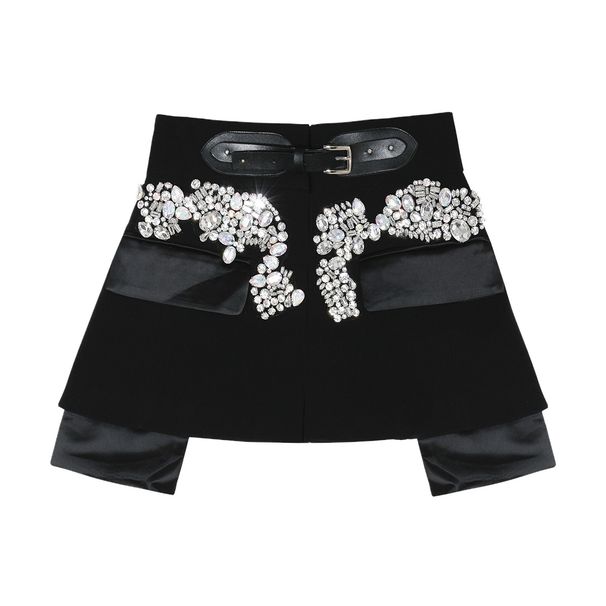 K New High Street Heavy Industry Nail Bead Splicing PU Buckle Waist Cover Half Skirt For Women_ecoleips.com