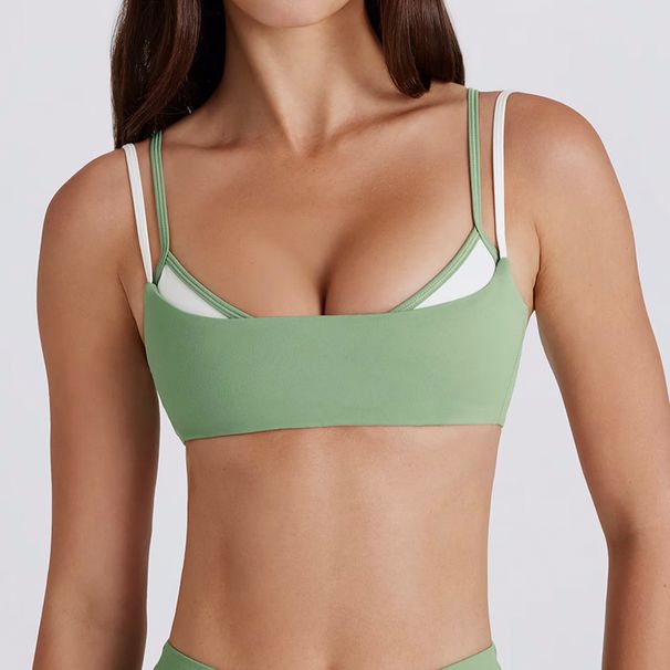 Women's Color Block Faux Two-Piece Set with White Striped Running Pants And Twisted Halter Neck Sports Bra Yoga Outfit_ecoleips.com