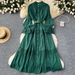 Women's Clothing Court Retro Elegant Dress For Women With Stand Up Collar, Trumpet Sleeves, Waisted, Single Breasted, Lace Stitching, Long Swing Skirt_ecoleips.com