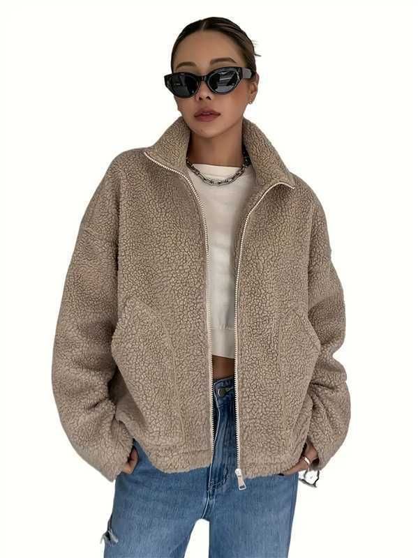 Oversized Fleece Jacket Women’s – Short Plush Zip-Up Coat With Stand Collar & Long Sleeves (S-XXL, Polyester, Casual Streetwear)_ecoleips.com