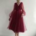 Elegant V-Net Long Sleeve Dress – Flowy Bubble Sleeve Mesh Gown With Waist Tie (4 Colors, Slim Fit, Versatile For Date Night & Cocktail Party, S-XL)_ecoleips.com