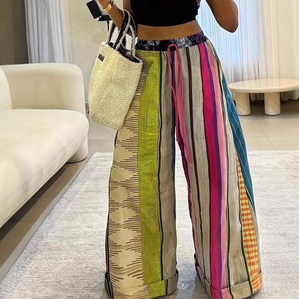 Women's Plus Size Rainbow Striped Wide Leg Pants, High Waist Elastic Drawstring Lounge Pants, Polyester Straight Leg Trousers For Casual & Streetwear_ecoleips.com