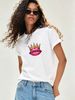 Women Summer Crew Neck Short Sleeve T-Shirt, Glossy Pink Lips Golden Gem Crown Graphic Print Casual White Loose Trendy Streetwear Tee Top_ecoleips.com