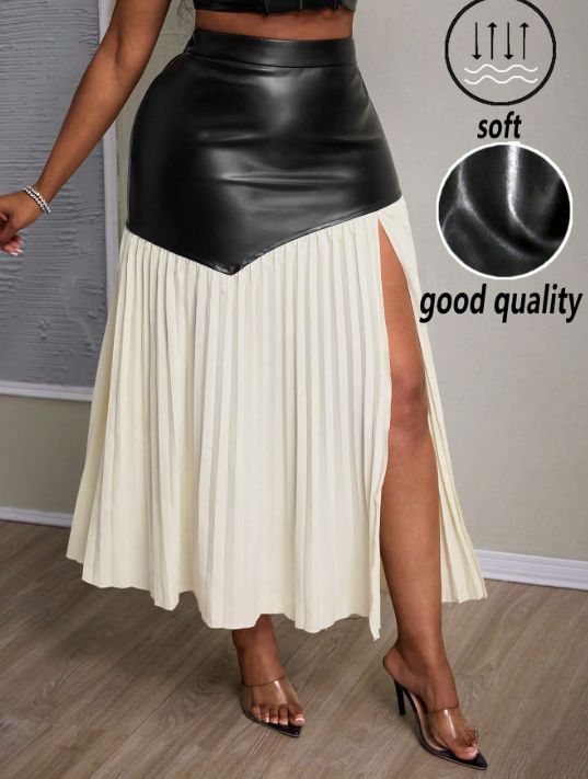 Women Plus Size Elegant PU Material Asymmetrical Pleated High Slit Design Long Skirt Maxi Women Outfit_ecoleips.com