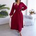 2026 Women Cross V Neck Pleated Long Dress, Elegant Swing Casual Maxi Dress_ecoleips.com