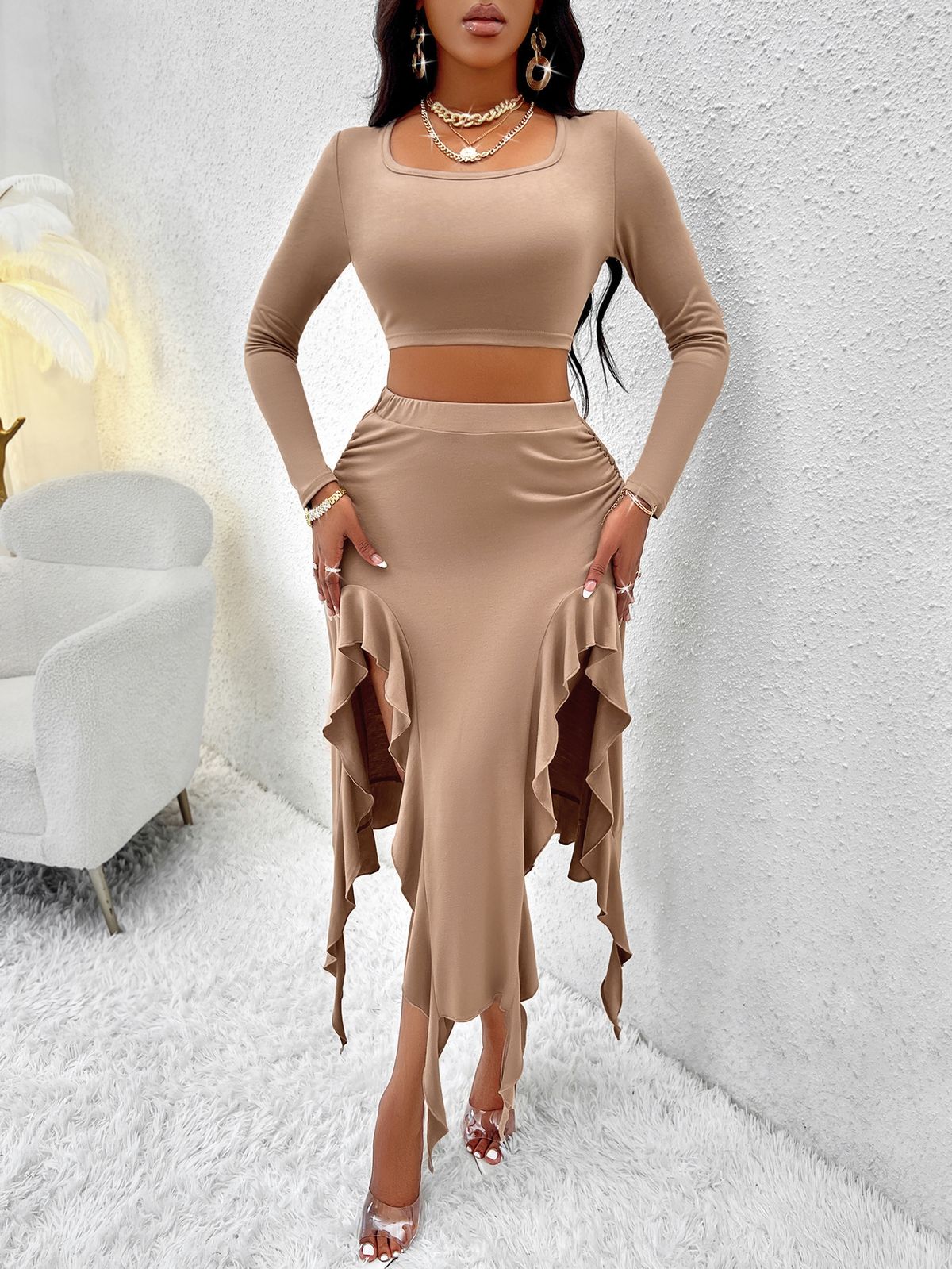 Women's Fashionable Elegant Solid Color Round Neck Long Sleeved Top And Ruffle Skirt Set_ecoleips.com