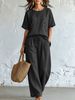 Spring/Summer Women's Loose Slimming Two-Piece Set European And American Style Cross Border Fashion Side Button Short Sleeved Top Wide Leg Pants_ecoleips.com