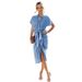 2026 European And American Cross-Border New Mid-Length Shirt Collar Slit Pleated Slim Fit Washed Denim Dress_ecoleips.com