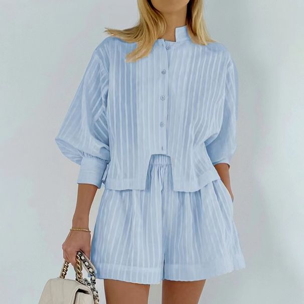Women's Clothing Cotton Jacquard Striped Casual Stand Up Collar Puff Sleeve Button Shirt Shorts Suit_ecoleips.com