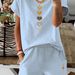 Summer New White Heart-shaped Pattern T-shirt, Casual Printed Round Neck Short Sleeved Top With Elastic Waist Pocket, Women's Two-piece Set-282_ecoleips.com