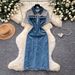 Women's Clothing Style Women's Faux Denim Patchwork Maxi Skirt Slimming Waist Cinching Summer Short Sleeved A-Line Two Piece Dress_ecoleips.com