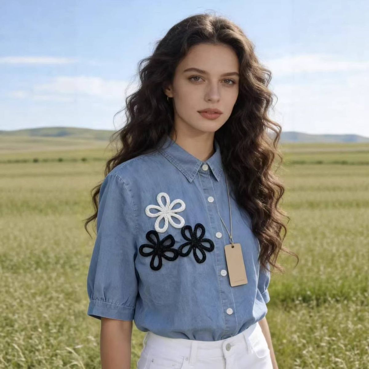 Women's Clothing 3D Decorated Top Fashionable Summer Casual Loose Short Sleeve Denim Shirt_ecoleips.com