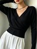 Women Wrap V Neck Ribbed Knit Top Loose Long Sleeve Lightweight Hollow Texture Breathable Skin-friendly Cropped Knit Blouse_ecoleips.com