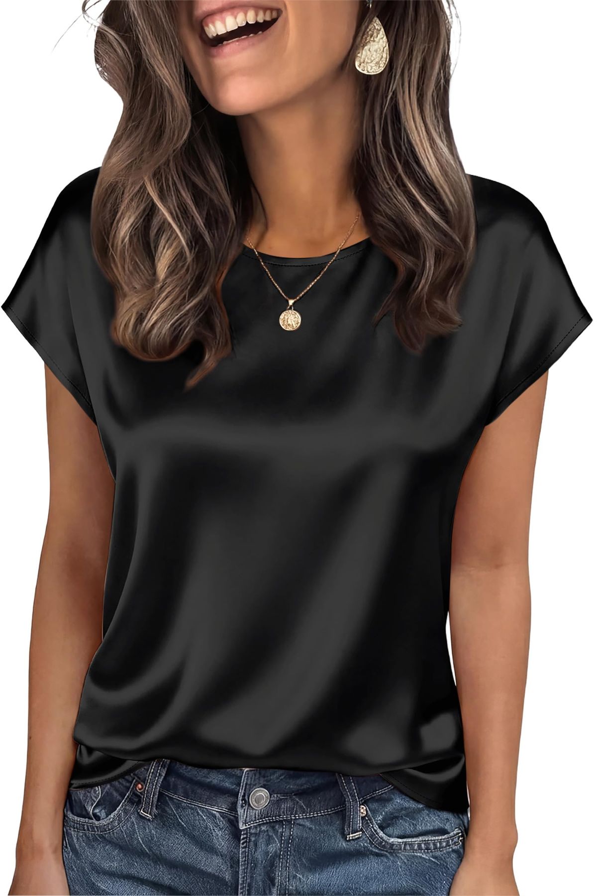 OFEEFAN Women Silk Satin Tops Summer Cap Short Sleeve Blouse Crew Neck Shirts Business Casual Fashion Outfits_ecoleips.com