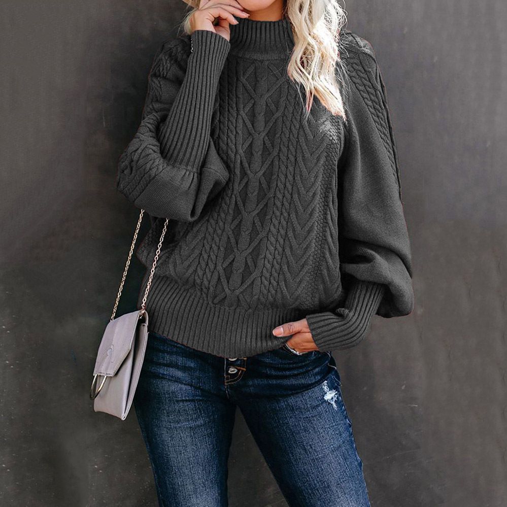 Women's Clothing Mid Neck Sweater Long Sleeved Knit Solid Color Loose Fit Winter Style_ecoleips.com