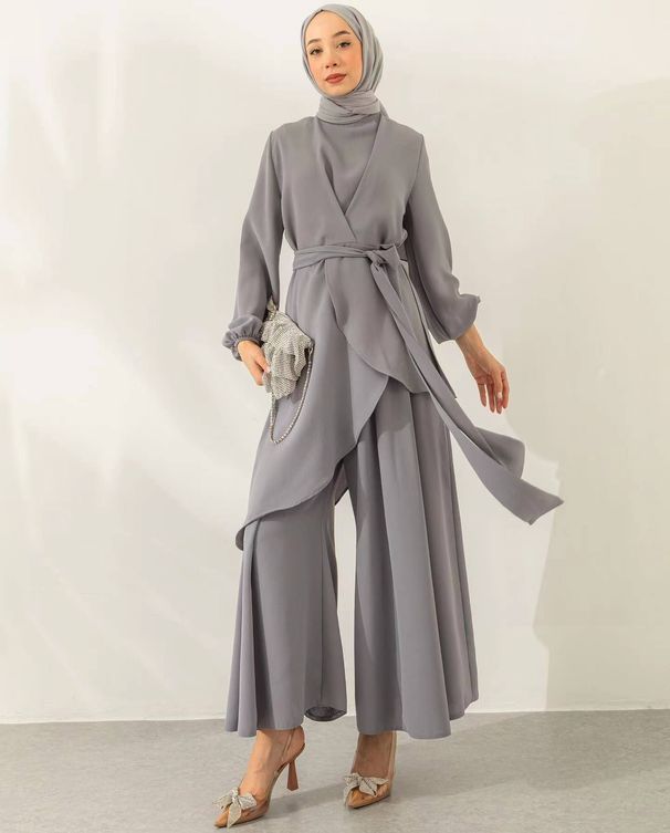 Women's Clothing Set Muslim Style Solid Color Fashion Strap Wide Leg Pants Set_ecoleips.com
