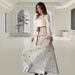 White Butterfly Embellished Belt Maxi Dress Elegant Slim Fit Long Sleeve European American Style Women's Clothing_ecoleips.com