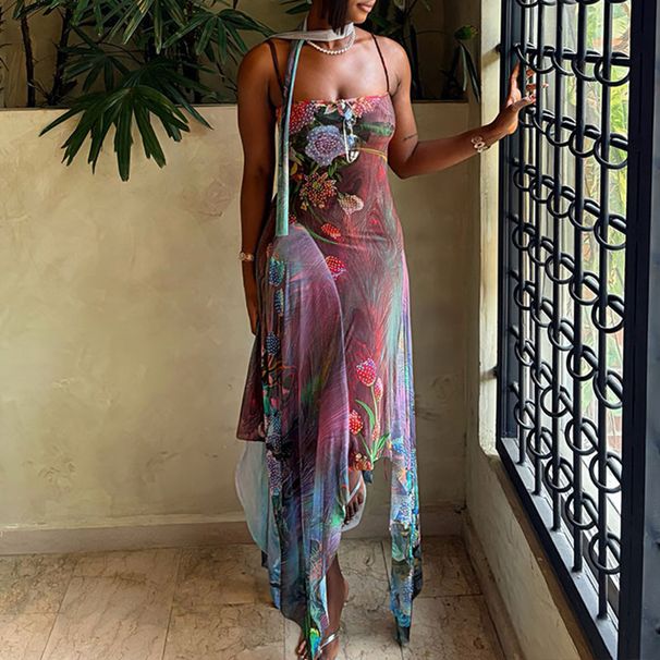 Women's Clothes Lightweight Breathable Printed Dress Vacation Sleeveless Slim Hem Long Dress Sexy Backless Beach Cocktail Dress_ecoleips.com