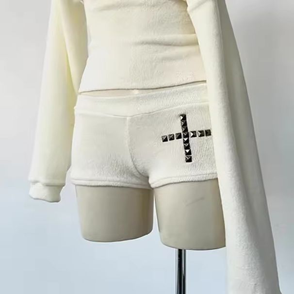 Women's Studded Casual Knitted Two-Piece Set Summer American Retro Long Sleeved Top And Loose Shorts Sexy Loose Fit_ecoleips.com