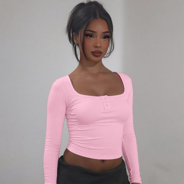 Women's Fashion 2025 Autumn New Arrival: Stylish Square Neck Solid Color Stretchy Slim Fit Short T-Shirt Wholesale_ecoleips.com