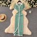 Women's Clothing Retro Celebrity Contrast Color Lapel Single Breasted Start Striped Knitted Dress Female Slim Long Skirt_ecoleips.com
