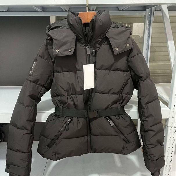 Women's Quilted Ski Jacket – Hooded Stand Collar Coat With Belt (Black, Thermal Padded, 3D Embossed)_ecoleips.com