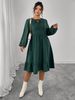 Women's Clothing Plus Size Clothes "Bohemian Patchwork Cotton-Linen Dress – Puff Sleeves & Hollow Out Design, Loose Fit High Waist Maxi Skirt"_ecoleips.com