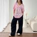 Women's Graphic Print V-Neck T-Shirt Loose Fit Casual Tee Digital Color Block Design Sporty Top Silver Pink S-L_ecoleips.com