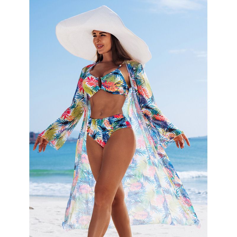 Sexy Split High Waist U Shaped Bikini Three Piece Swimsuit for Women Printed Swimwear Fits True to Size Polyester_ecoleips.com