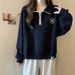 American-style Real-shot Half-zip Polo Collar Long-sleeve Sweatshirt For Women, Thin, Loose, Slimming, Embroidered,_ecoleips.com