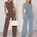 Women's Clothing Women's Casual Two-Piece Set - Sleeveless Round Neck Top With Straight Waist Pants - Elegant & Comfortable (Coffee, Peacock Blue)_ecoleips.com