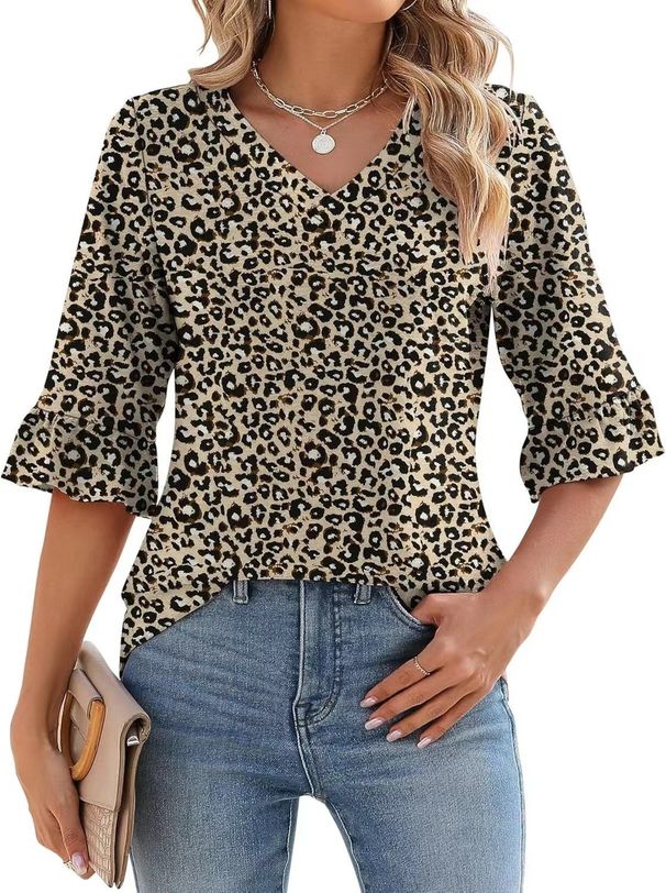 Women’S Floral Cutout Bell Sleeve Blouse – Breathable Polyester V-Neck Top, Boho Chic Loose Fit Tunic (Yellow/Red/Leopard Print, Sizes S-Xxxl)_ecoleips.com