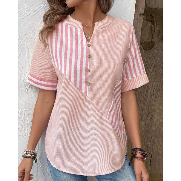 Plus Size Women's Asymmetrical Cardigan V Neck Shirt Striped Patchwork Cotton Linen Top_ecoleips.com